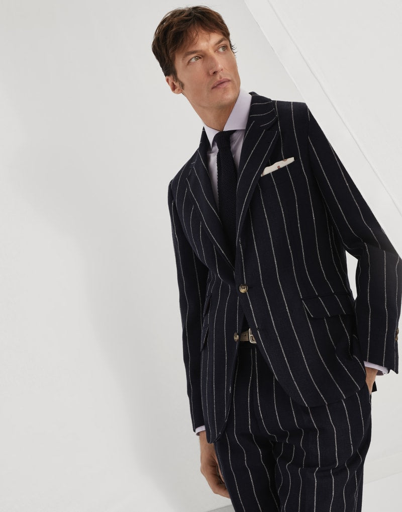 BRUNELLO CUCINELLI MEN'S NAVY STRIPED TAILORED BLAZER