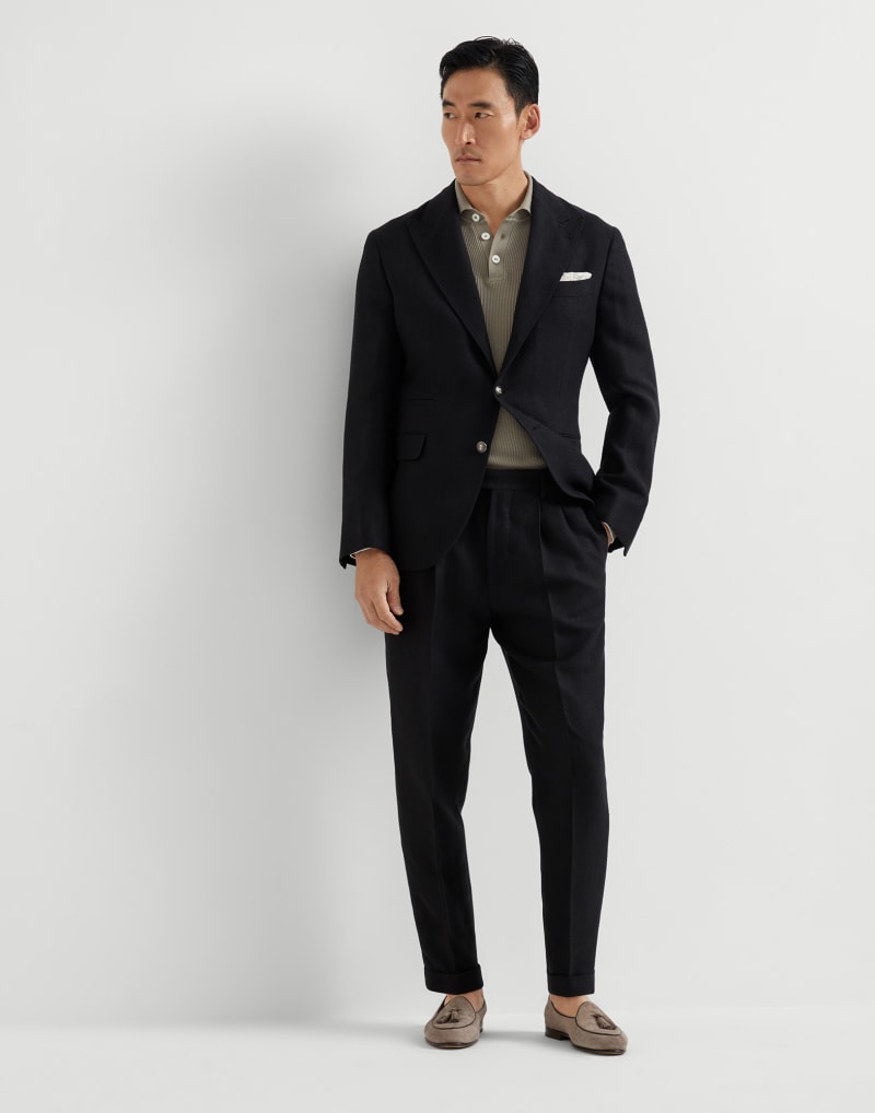 BRUNELLO CUCINELLI MEN'S BLACK LINEN WOOL TAILORED BLAZER