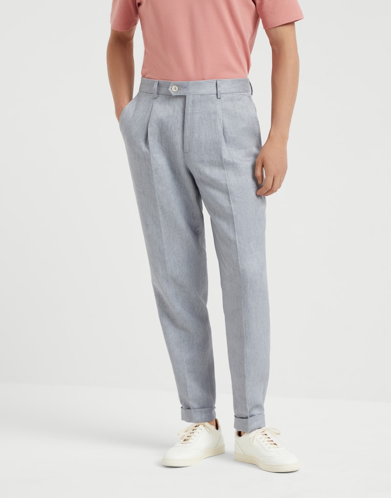 BRUNELLO CUCINELLI MEN'S LIGHT GREY LINEN TROUSERS