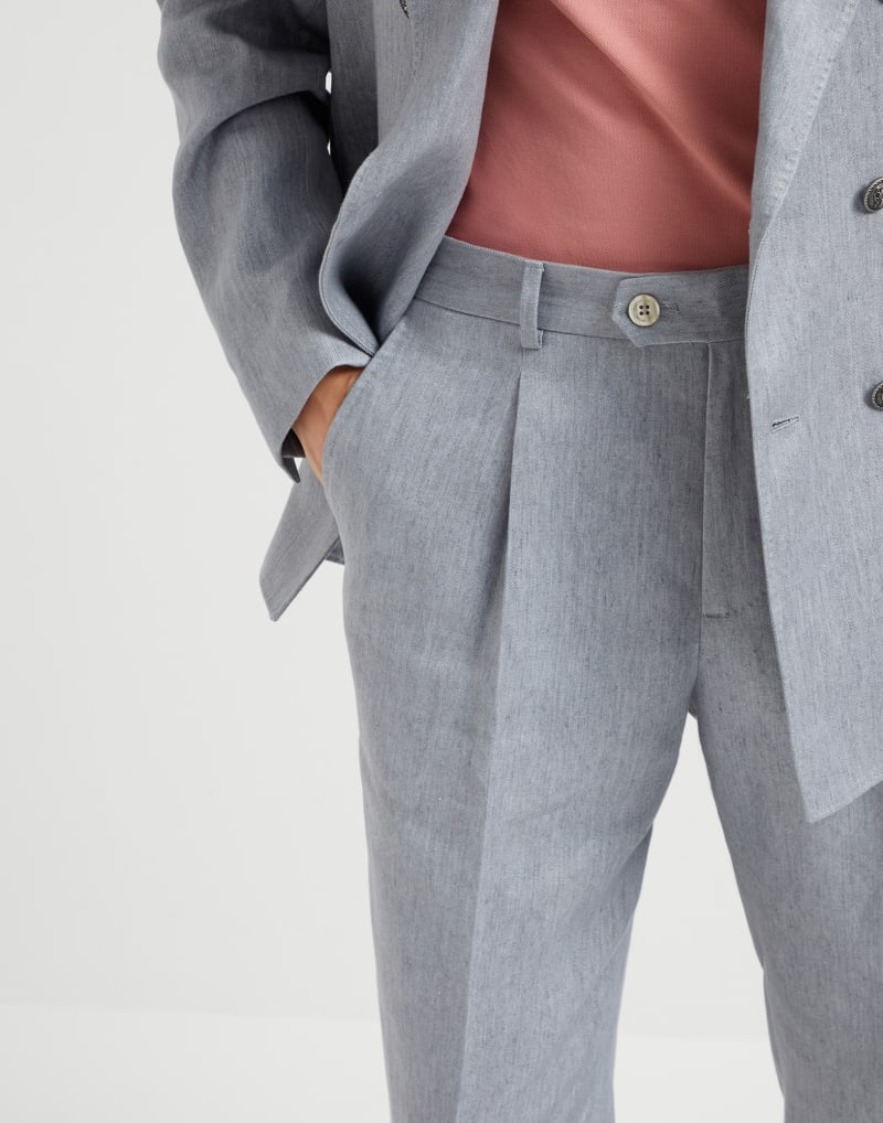 BRUNELLO CUCINELLI MEN'S LIGHT GREY LINEN TROUSERS