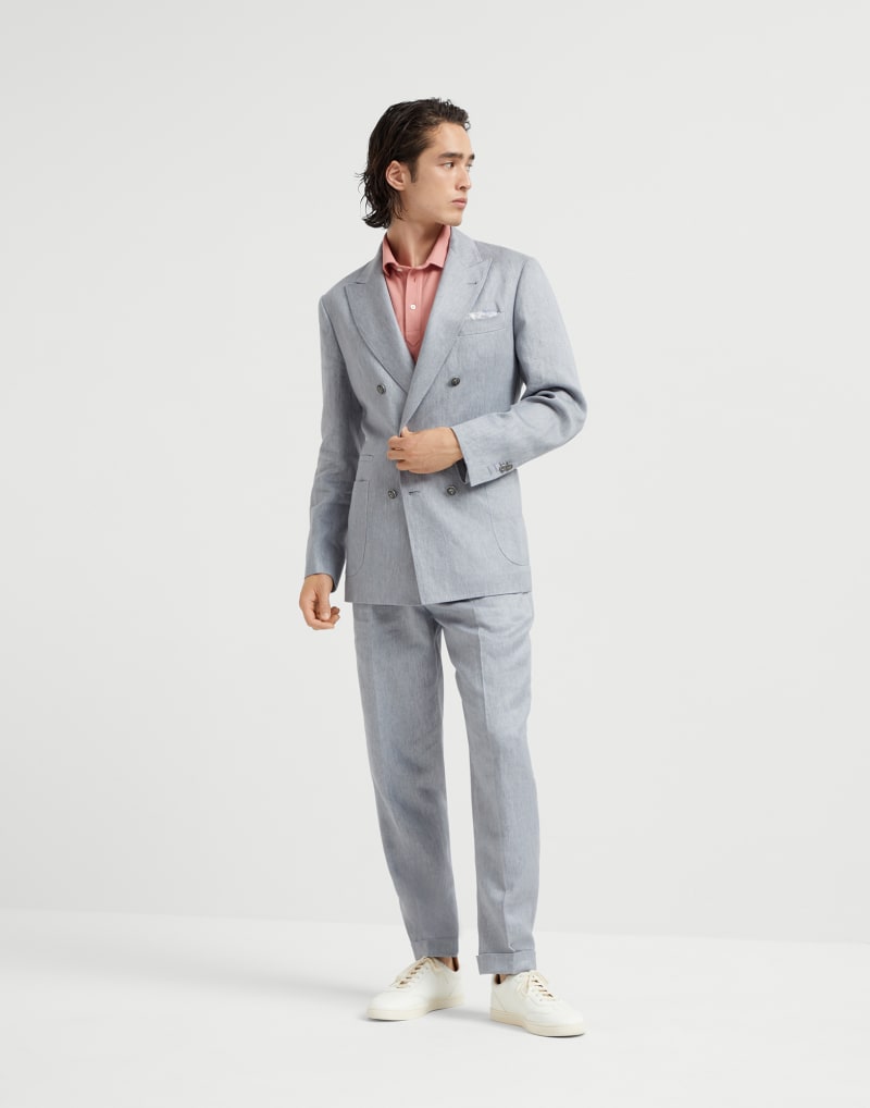 BRUNELLO CUCINELLI MEN'S LIGHT GREY LINEN TROUSERS