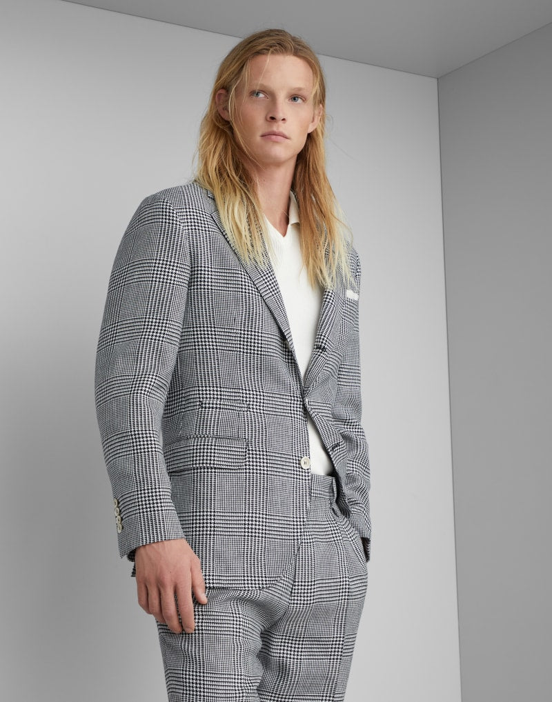 BRUNELLO CUCINELLI MEN'S BLACK WOOL SILK CHECKED BLAZER