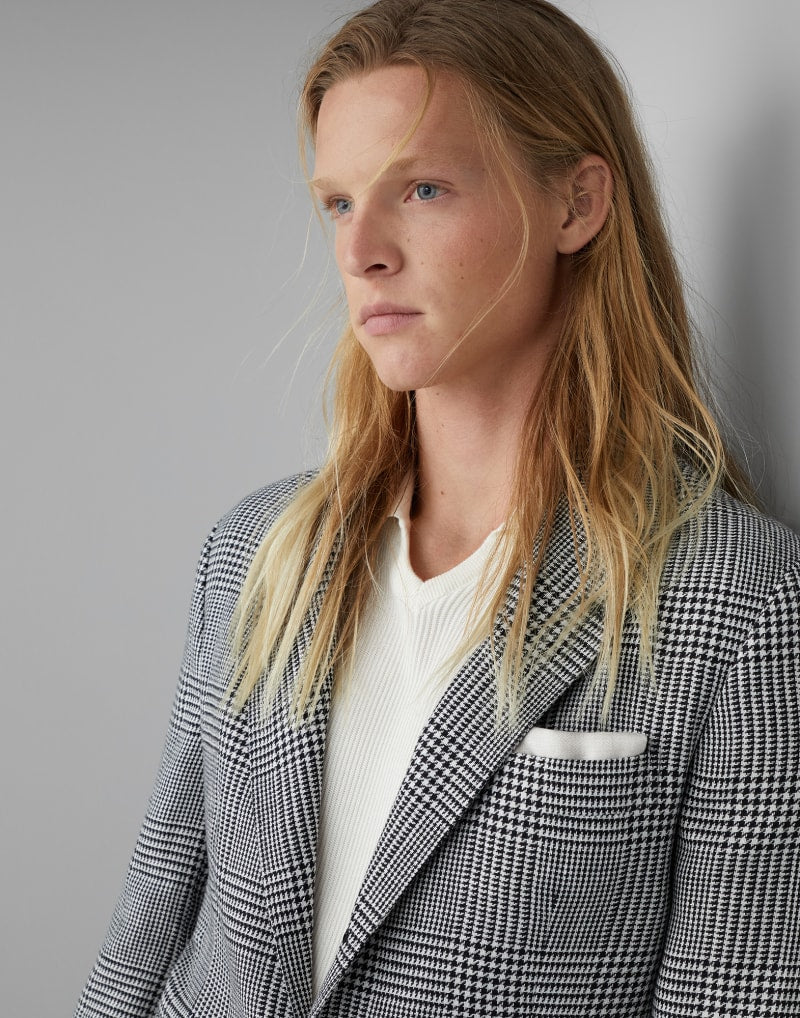 BRUNELLO CUCINELLI MEN'S BLACK WOOL SILK CHECKED BLAZER