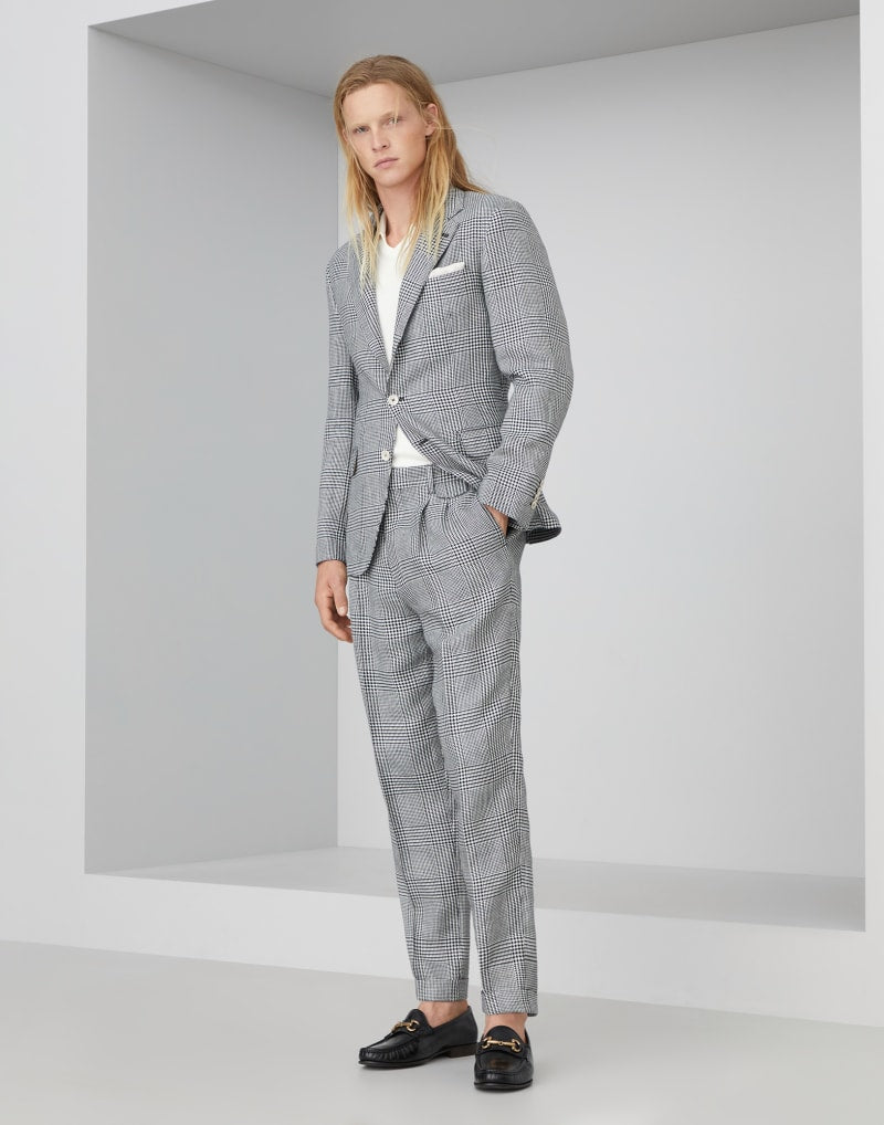 BRUNELLO CUCINELLI MEN'S BLACK WOOL SILK CHECKED BLAZER