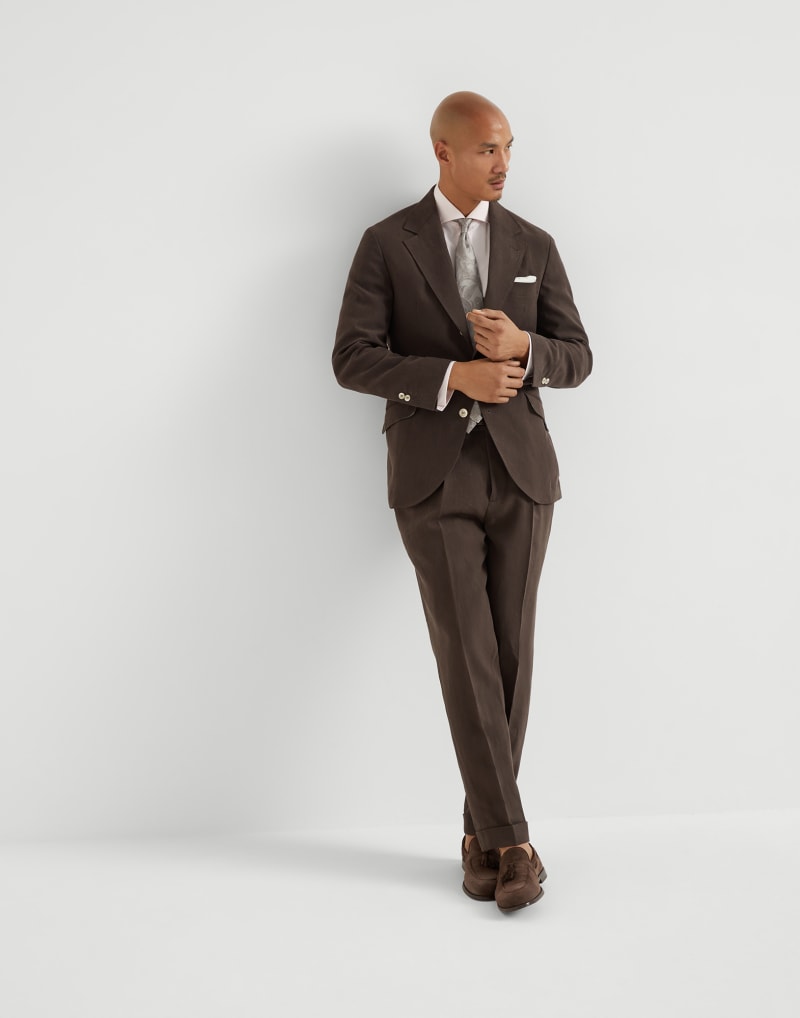 BRUNELLO CUCINELLI MEN'S DARK BROWN LINEN SUIT