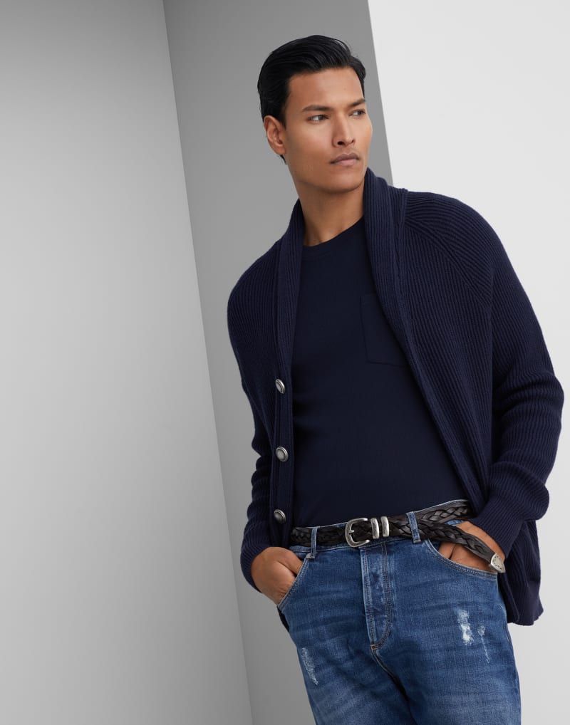 BRUNELLO CUCINELLI MEN'S DARK BLUE COTTON KNIT SHIRT