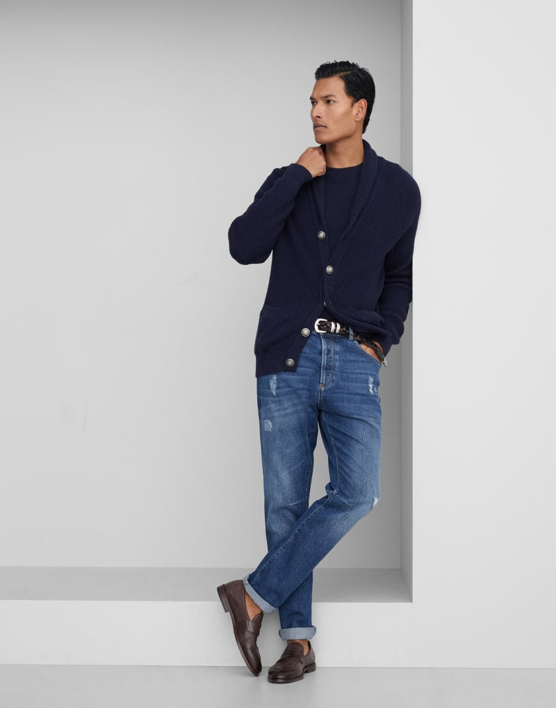 BRUNELLO CUCINELLI MEN'S DARK BLUE COTTON KNIT SHIRT