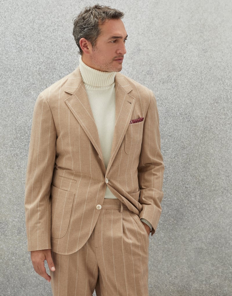 BRUNELLO CUCINELLI MEN'S CAMEL WOOL SILK BLAZER