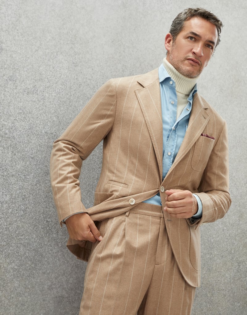 BRUNELLO CUCINELLI MEN'S CAMEL WOOL SILK BLAZER