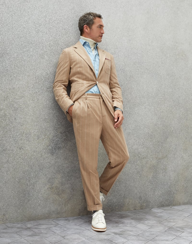BRUNELLO CUCINELLI MEN'S CAMEL WOOL SILK BLAZER