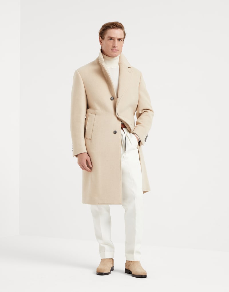 BRUNELLO CUCINELLI MEN'S LIGHT BEIGE WOOL OVERCOAT