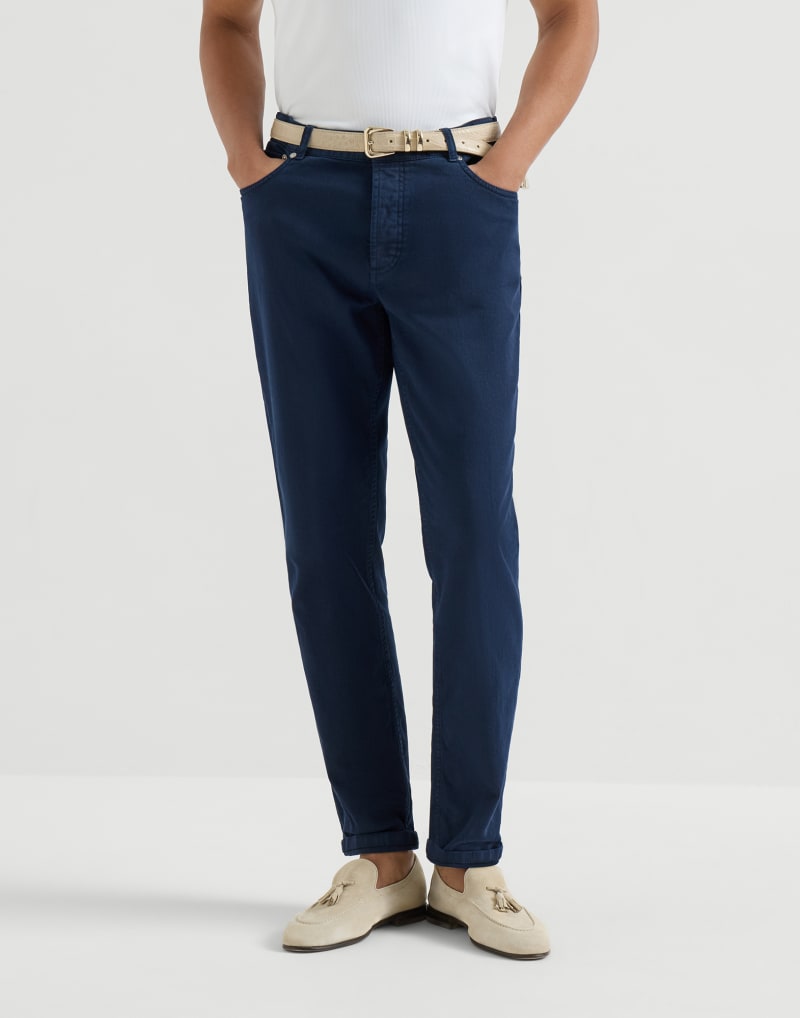 BRUNELLO CUCINELLI MEN'S NAVY TAILORED COTTON TROUSERS