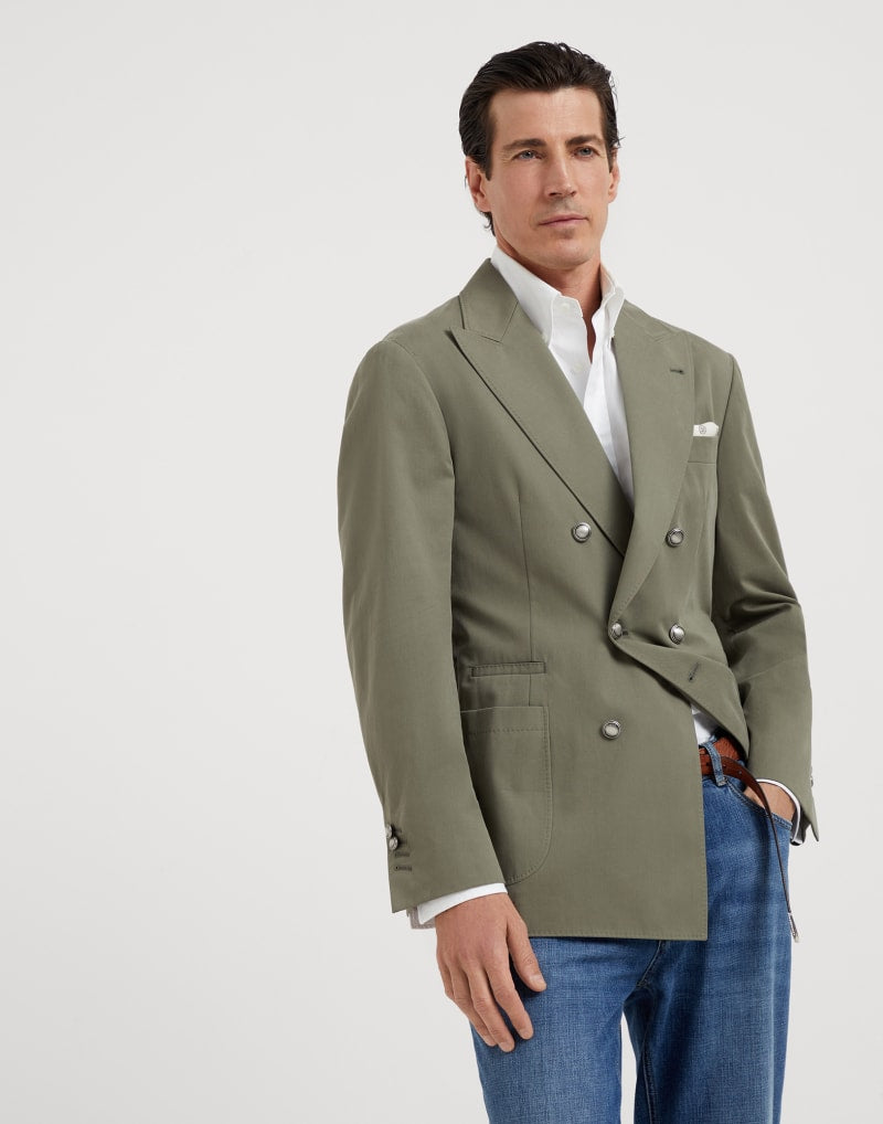 BRUNELLO CUCINELLI MEN'S OLIVE COTTON DOUBLE BREASTED BLAZER