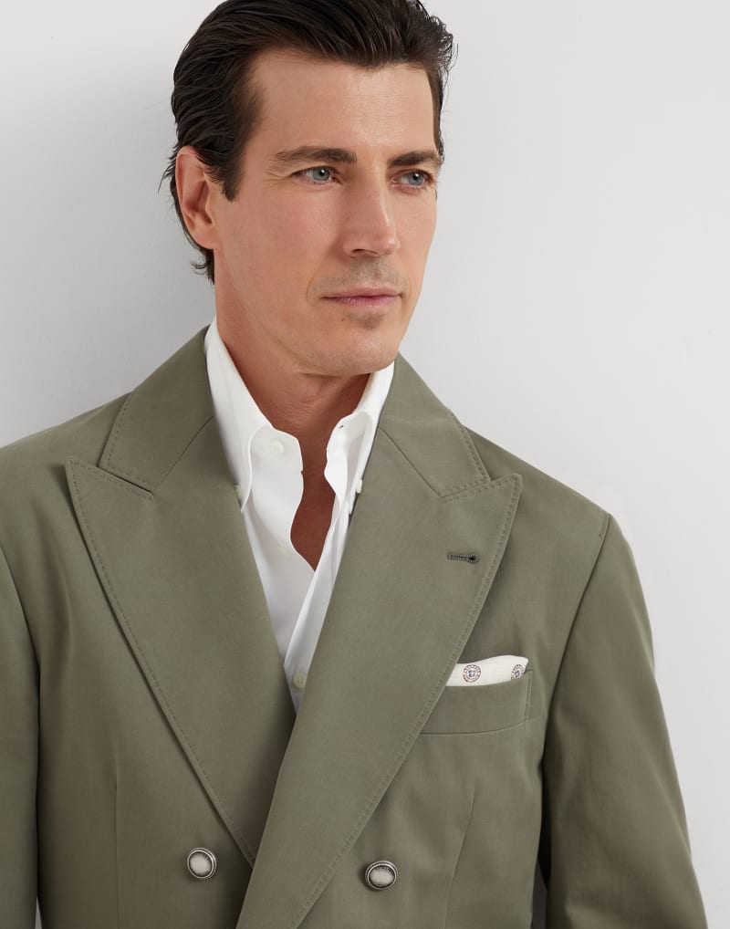 BRUNELLO CUCINELLI MEN'S OLIVE COTTON DOUBLE BREASTED BLAZER