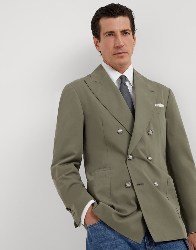 BRUNELLO CUCINELLI MEN'S OLIVE COTTON DOUBLE BREASTED BLAZER