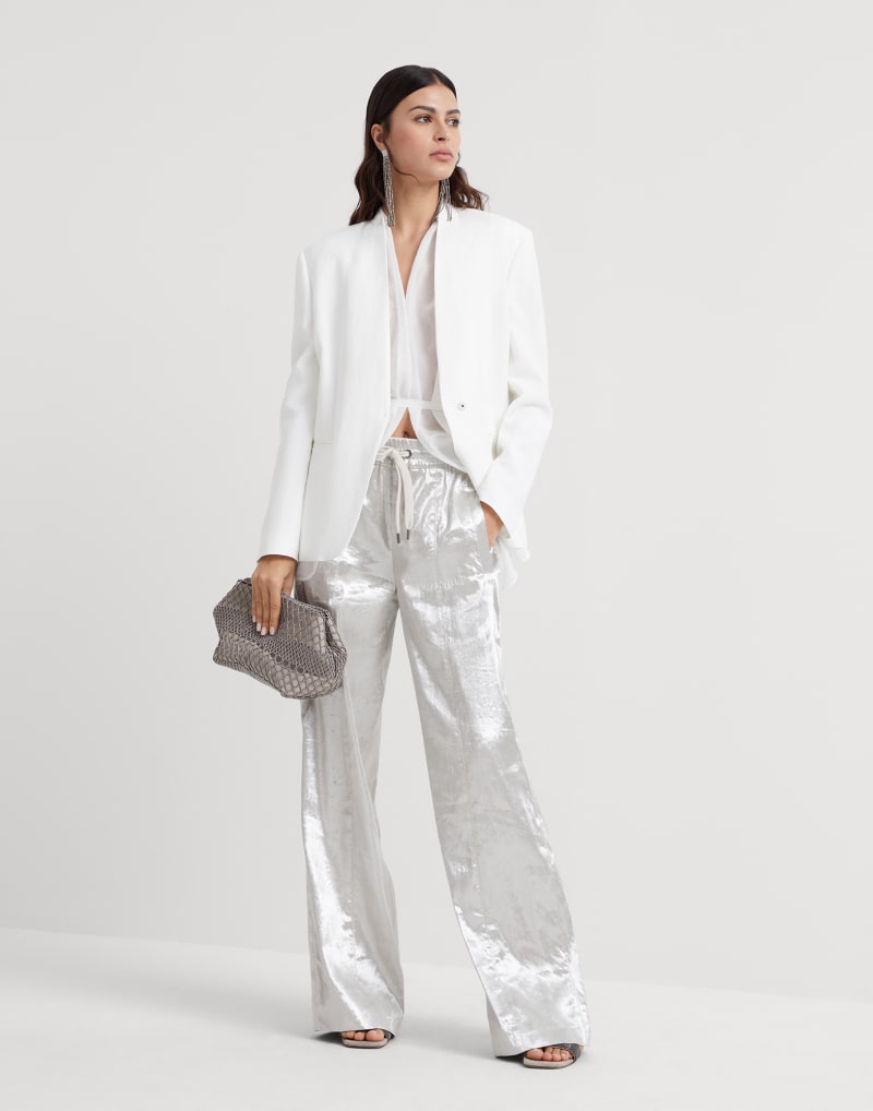 BRUNELLO CUCINELLI WOMEN'S SILVER LINEN WIDE LEG TROUSERS