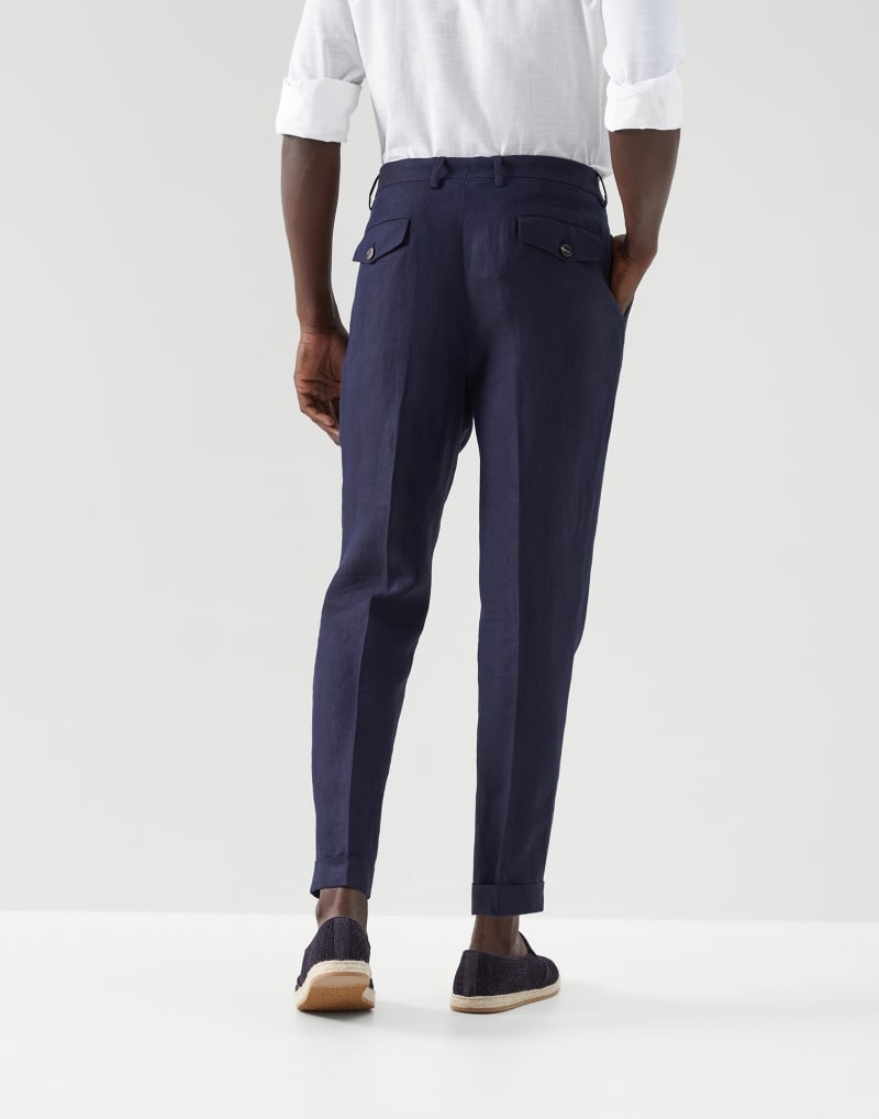 BRUNELLO CUCINELLI MEN'S NAVY LINEN TAPERED TROUSERS