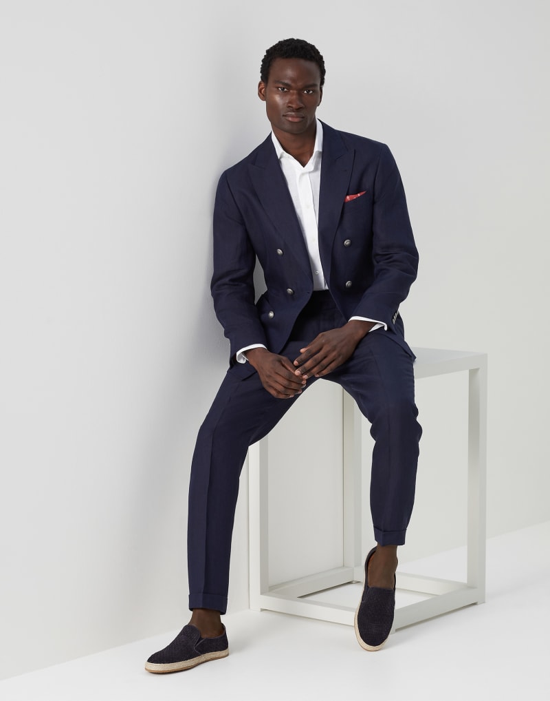BRUNELLO CUCINELLI MEN'S NAVY LINEN TAPERED TROUSERS