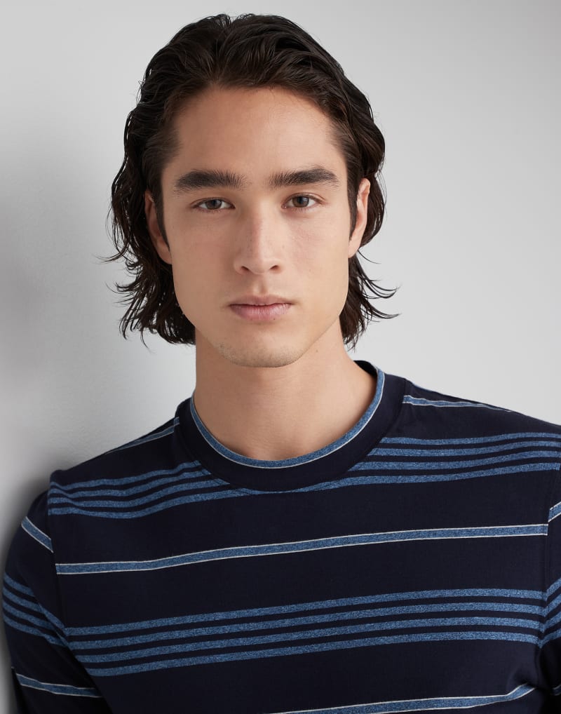 BRUNELLO CUCINELLI MEN'S NAVY STRIPED COTTON SHIRT