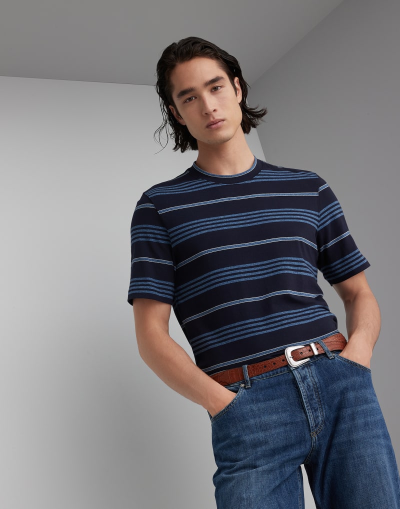 BRUNELLO CUCINELLI MEN'S NAVY STRIPED COTTON SHIRT