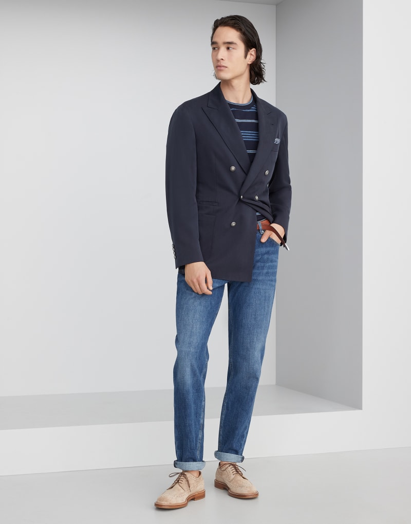 BRUNELLO CUCINELLI MEN'S NAVY STRIPED COTTON SHIRT