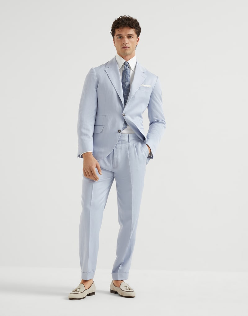 BRUNELLO CUCINELLI MEN'S LIGHT BLUE LINEN TAILORED TROUSERS