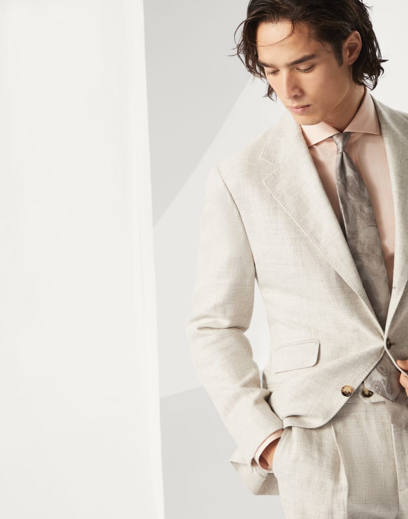 BRUNELLO CUCINELLI MEN'S LIGHT BEIGE LINEN WOOL TROUSERS