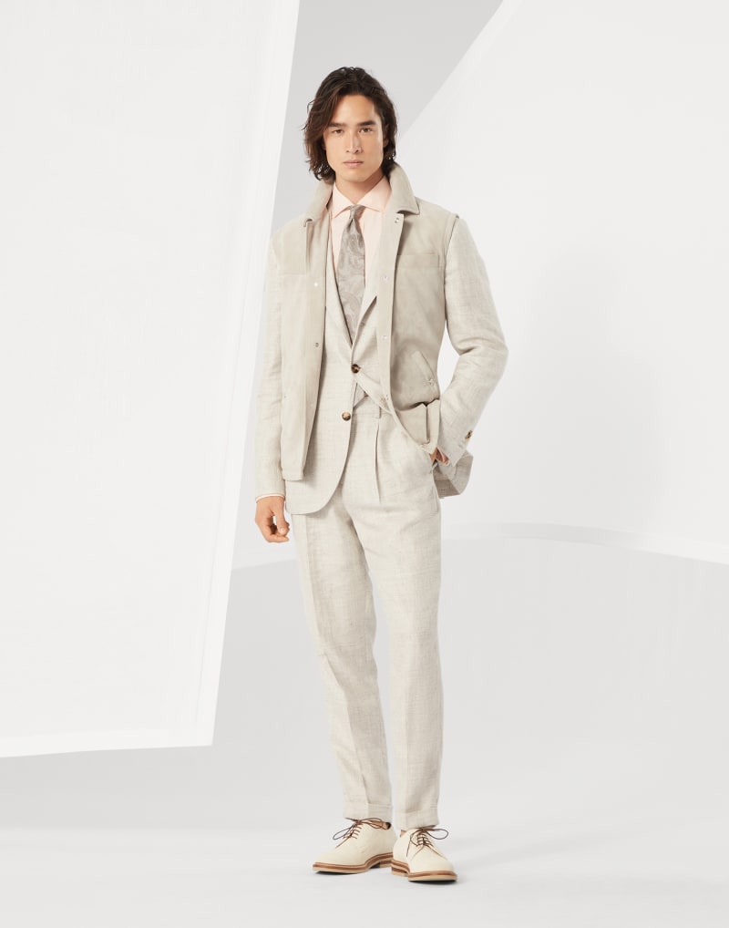 BRUNELLO CUCINELLI MEN'S LIGHT BEIGE LINEN WOOL TROUSERS