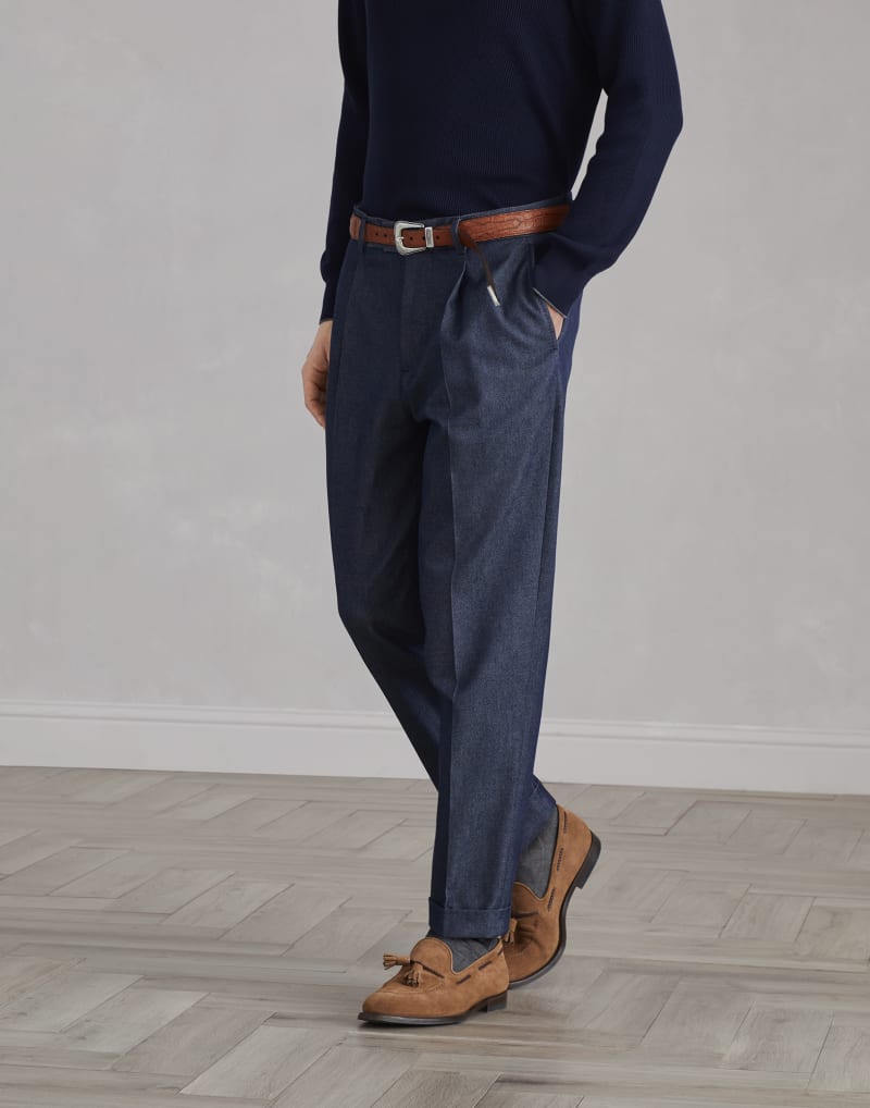 BRUNELLO CUCINELLI MEN'S DARK BLUE WOOL BLEND TROUSERS