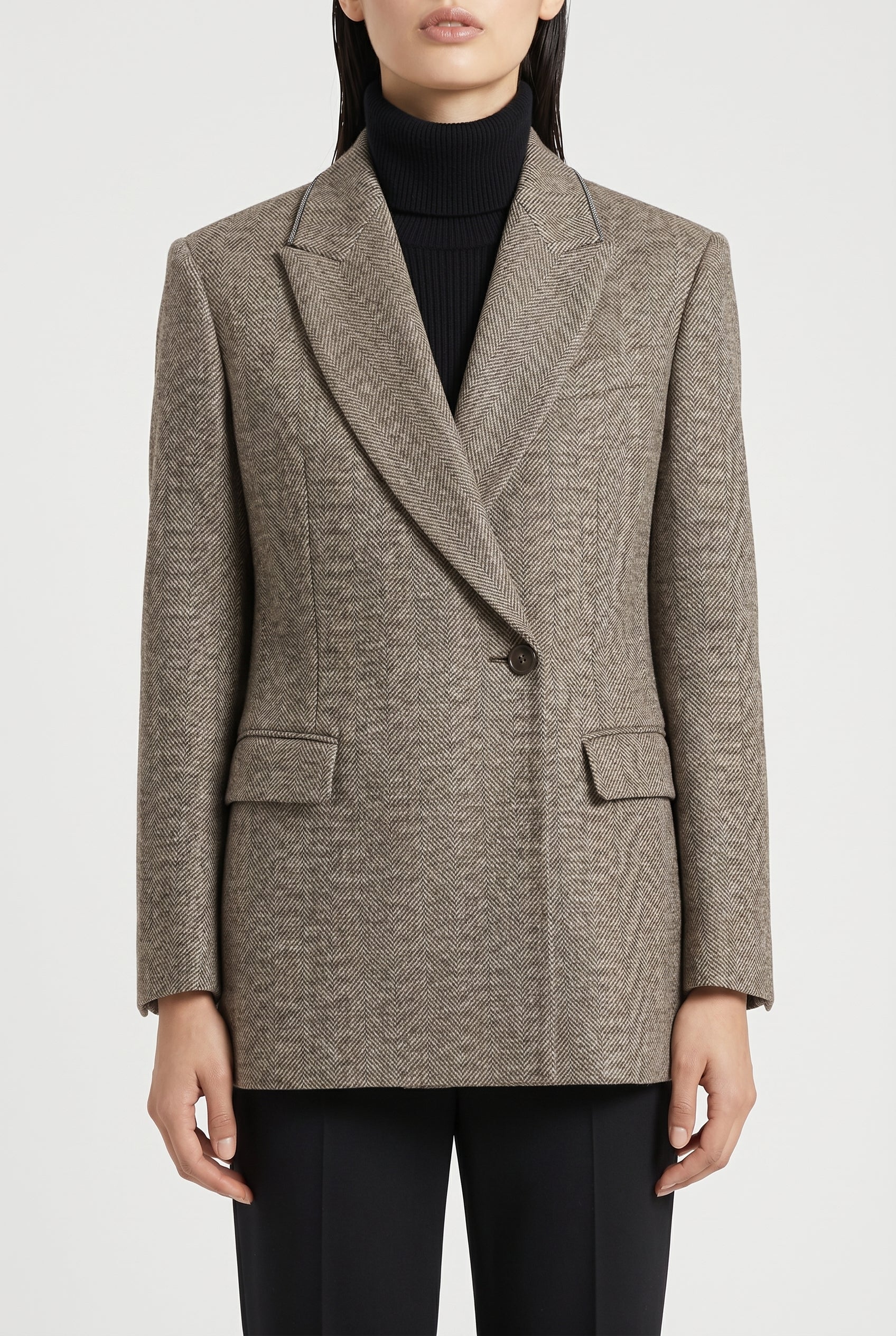 BRUNELLO CUCINELLI WOMEN'S BROWN TAILORED HERRINGBONE BLAZER
