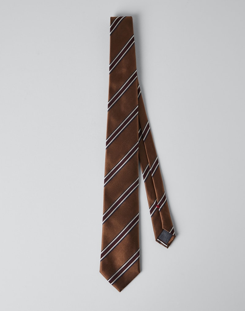 BRUNELLO CUCINELLI MEN'S BROWN STRIPED SILK TIE