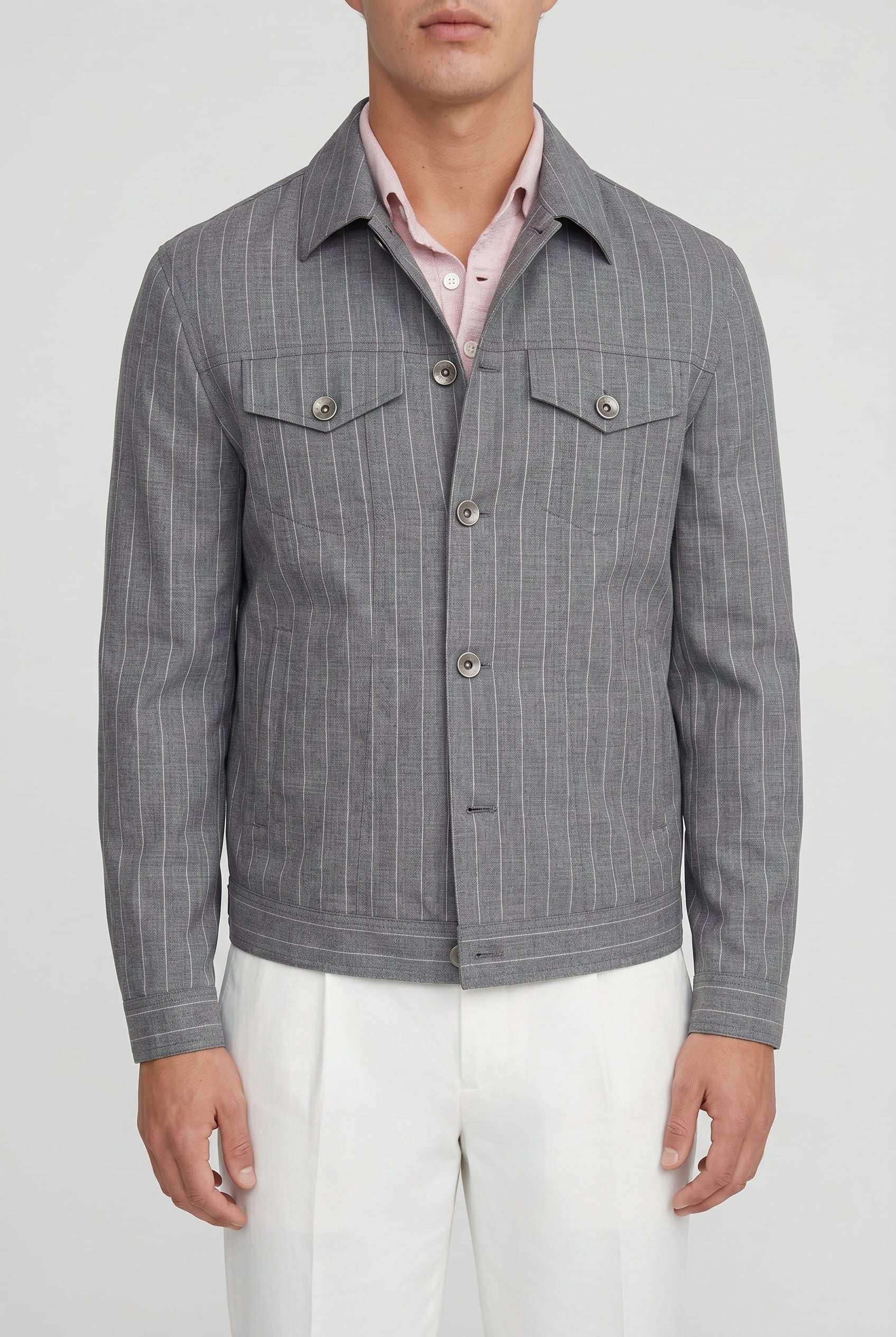 BRUNELLO CUCINELLI MEN'S GREY WOOL STRIPED JACKET