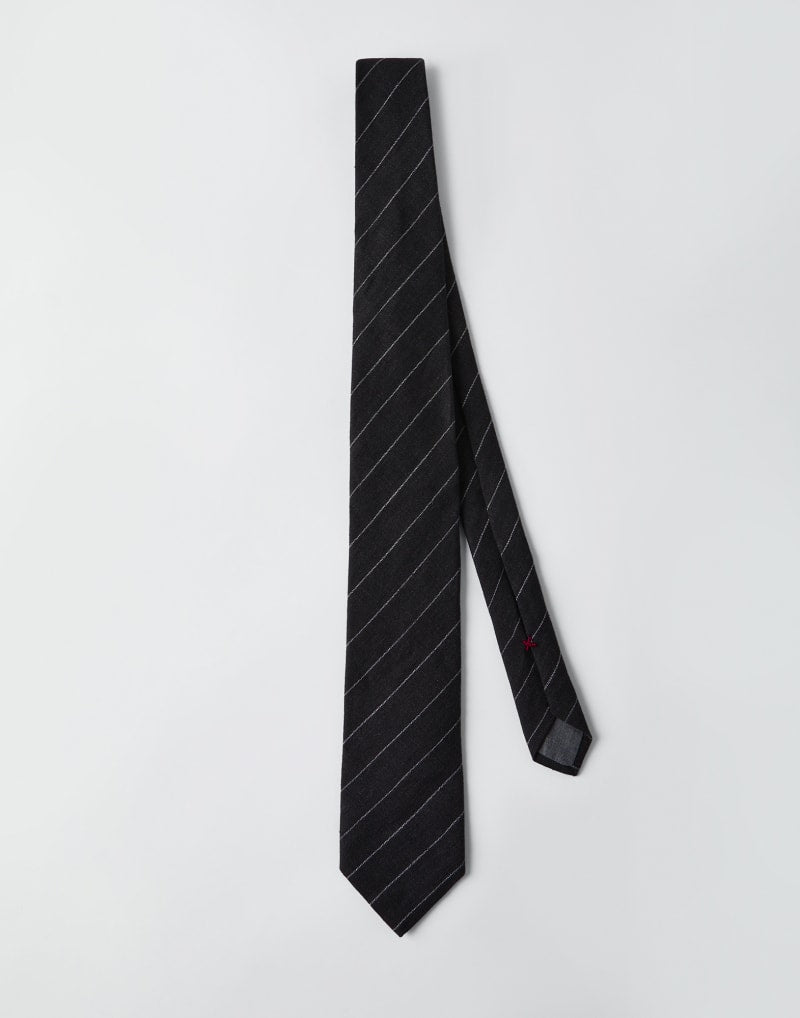 BRUNELLO CUCINELLI MEN'S BLACK LINEN STRIPED TIE