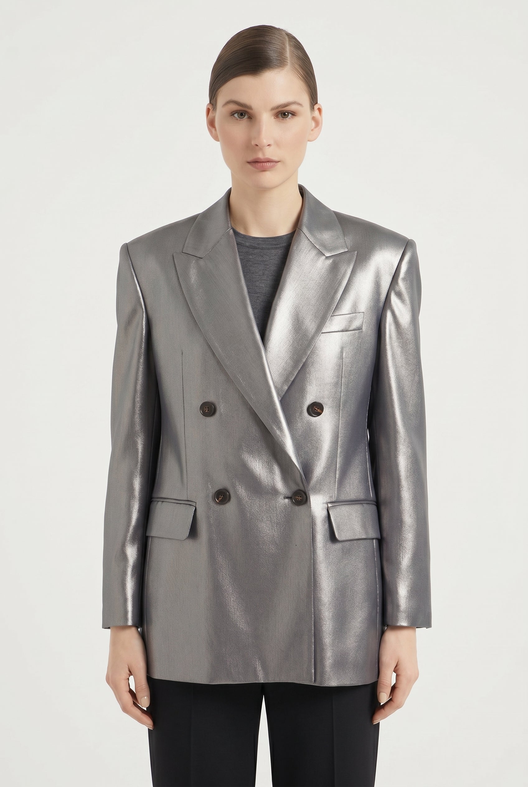 BRUNELLO CUCINELLI WOMEN'S SILVER TAILORED DOUBLE BREASTED BLAZER