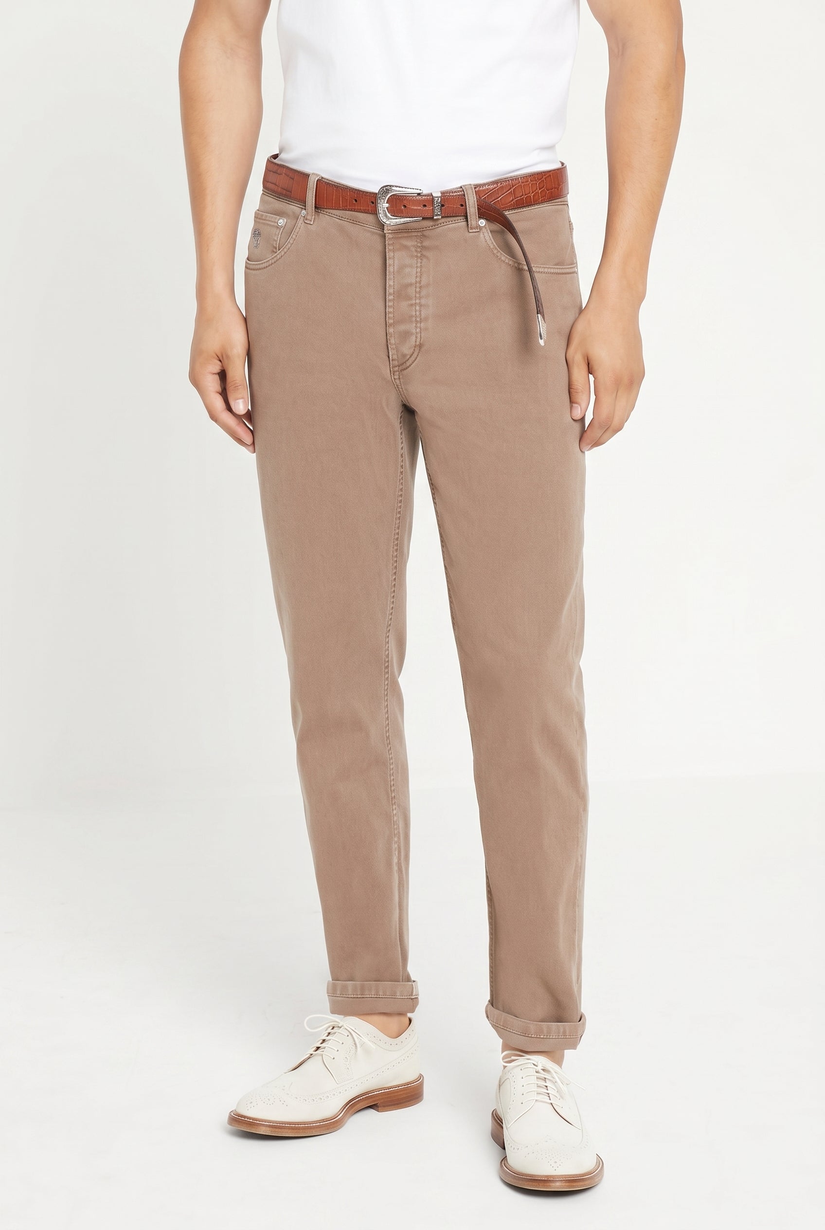 BRUNELLO CUCINELLI MEN'S LIGHT BROWN RELAXED TROUSERS