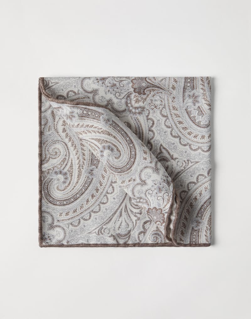 BRUNELLO CUCINELLI MEN'S BROWN SILK PAISLEY POCKET SQUARE