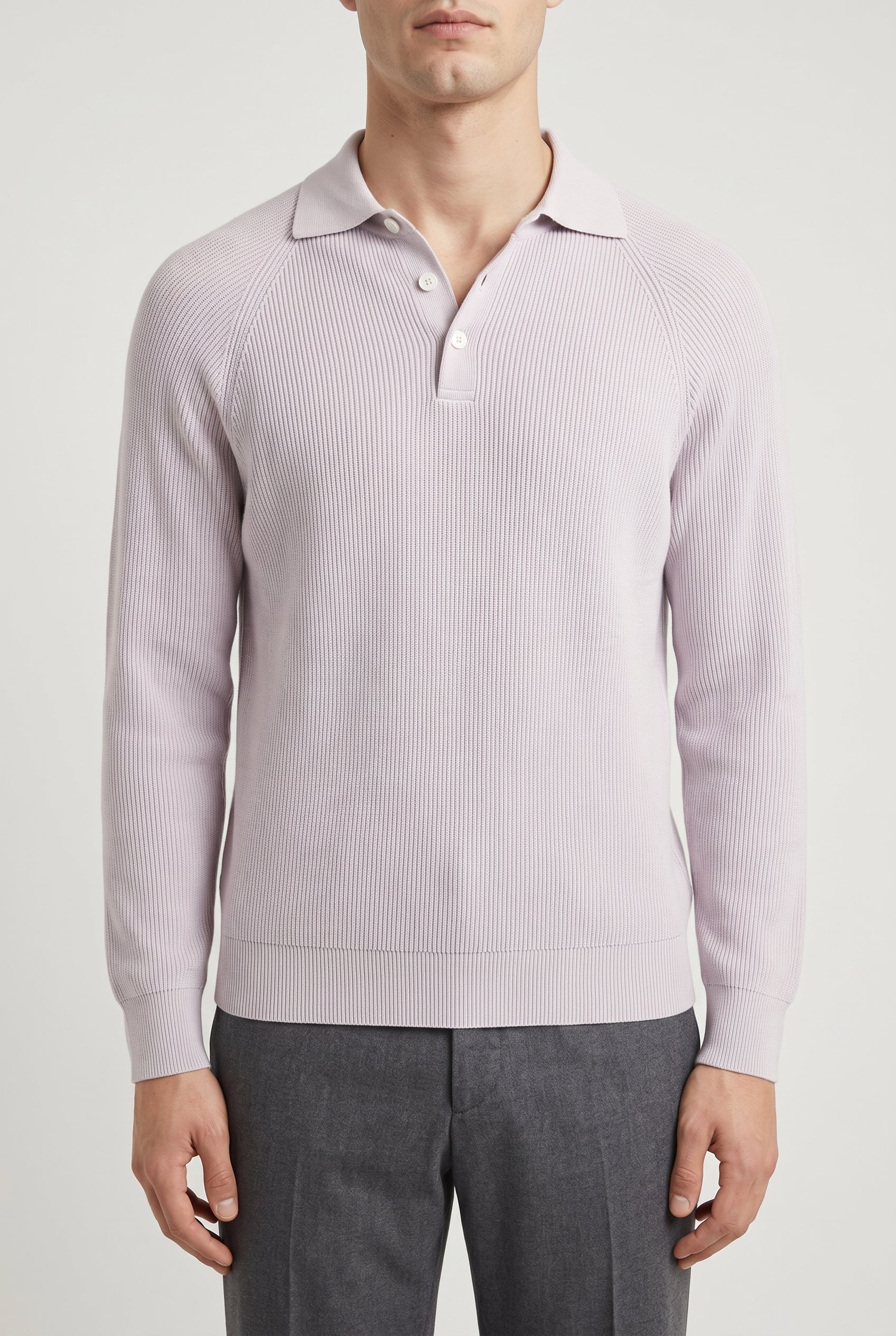 BRUNELLO CUCINELLI MEN'S LIGHT PURPLE COTTON POLO SWEATER