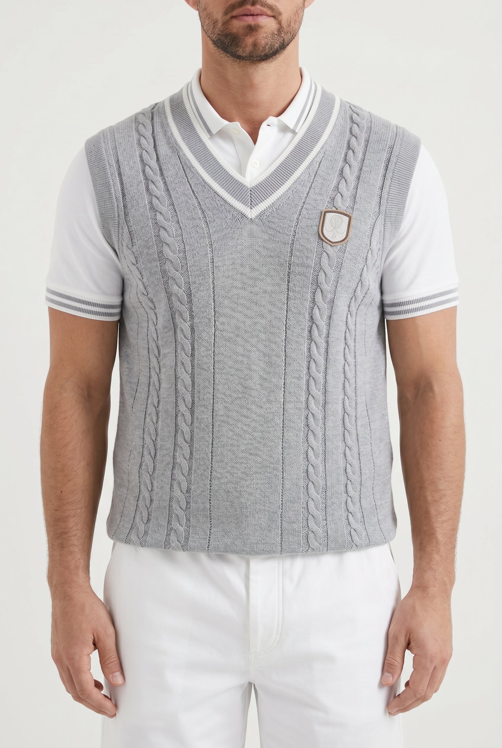 BRUNELLO CUCINELLI MEN'S LIGHT GREY CABLE KNIT VEST