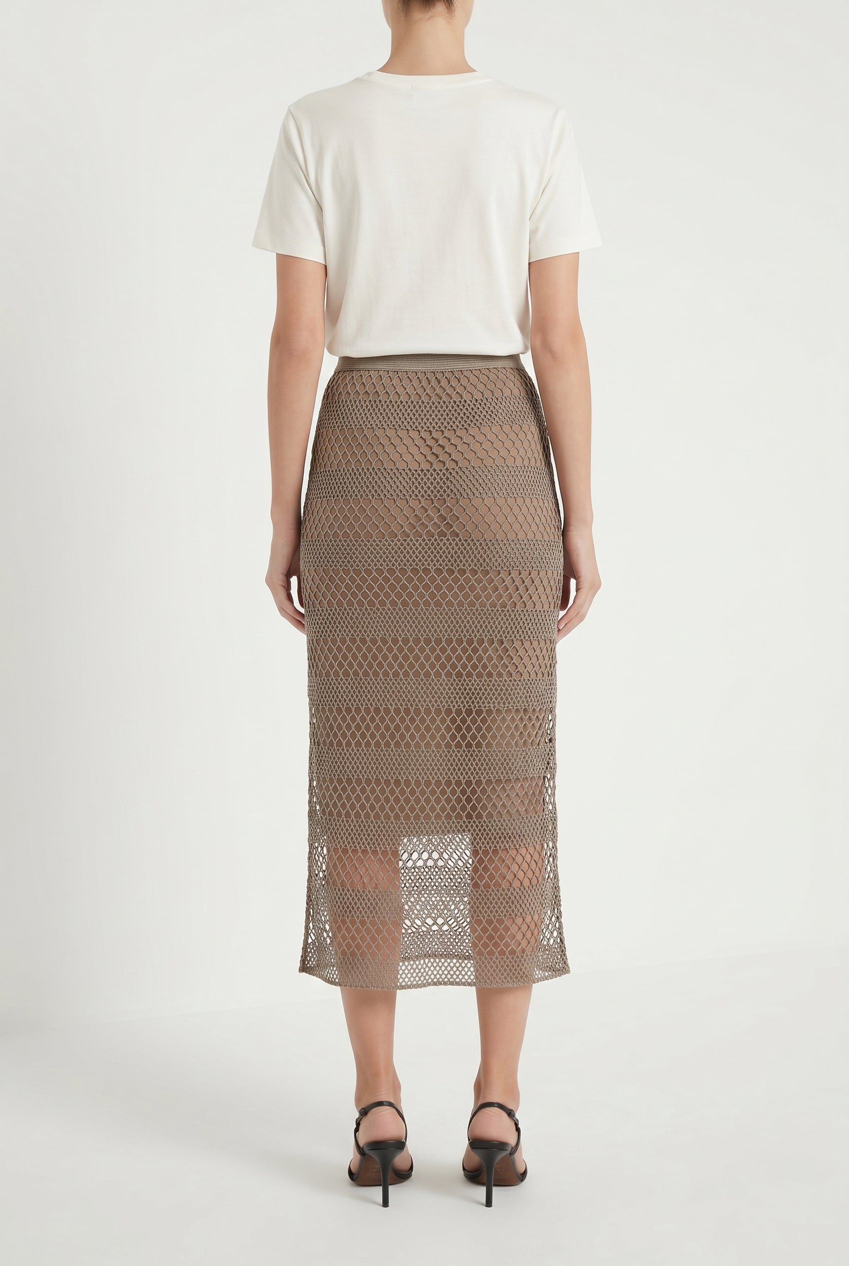 BRUNELLO CUCINELLI WOMEN'S TAUPE MESH MIDI SKIRT