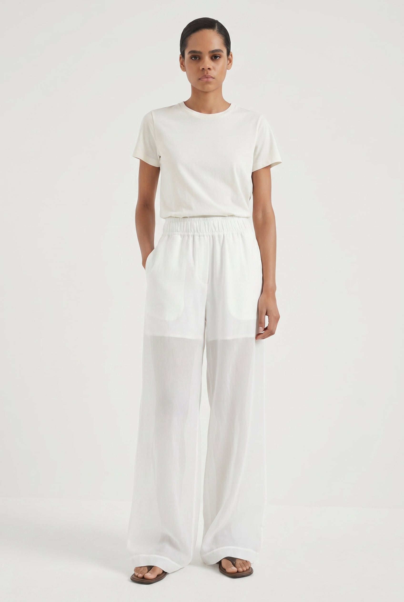 BRUNELLO CUCINELLI WOMEN'S WHITE WIDE LEG COTTON TROUSERS