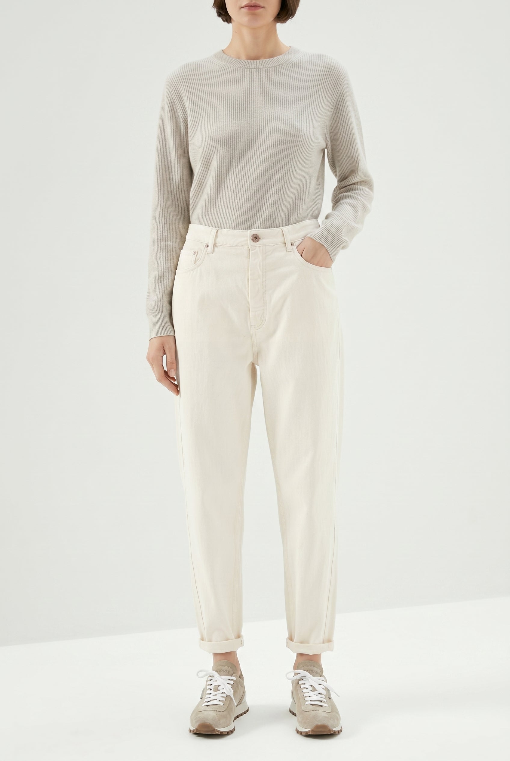 BRUNELLO CUCINELLI WOMEN'S OFF WHITE RELAXED COTTON TROUSERS