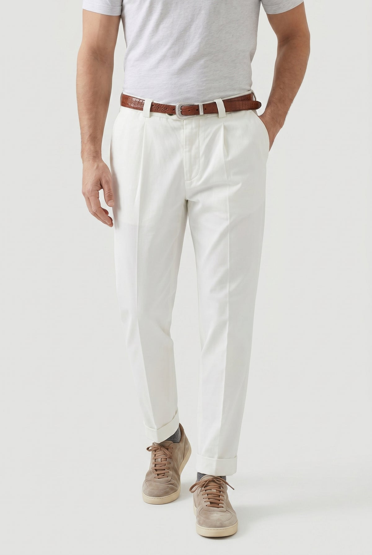 BRUNELLO CUCINELLI MEN'S OFF WHITE TAPERED COTTON TROUSERS