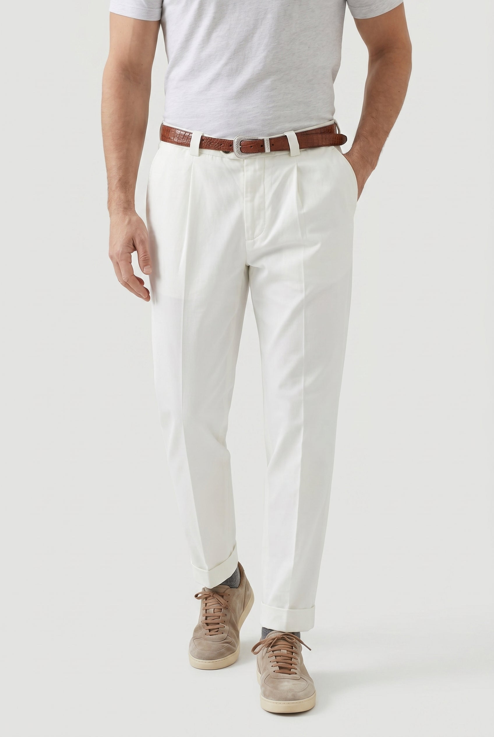BRUNELLO CUCINELLI MEN'S OFF WHITE TAPERED COTTON TROUSERS