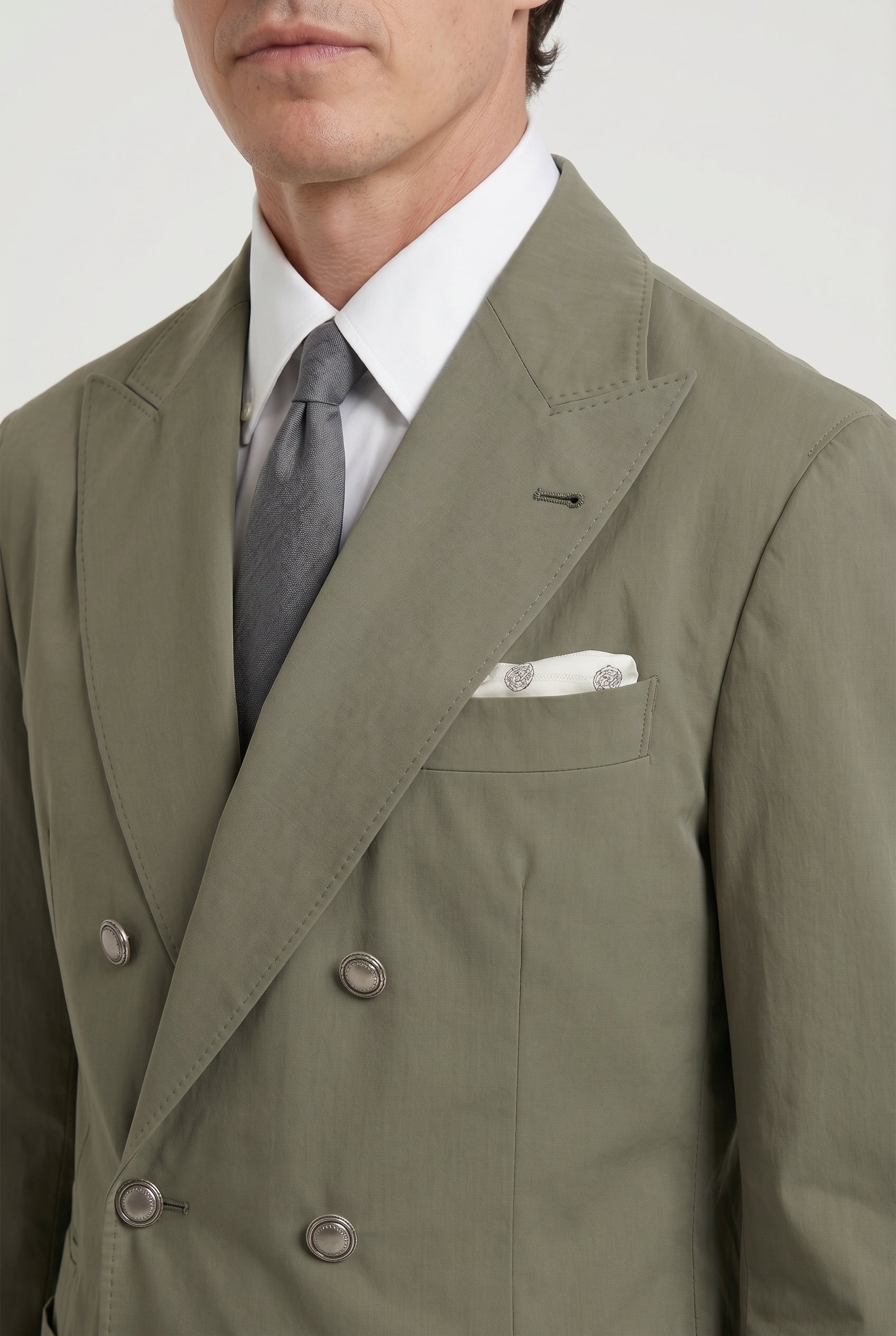 BRUNELLO CUCINELLI MEN'S OLIVE COTTON DOUBLE BREASTED BLAZER