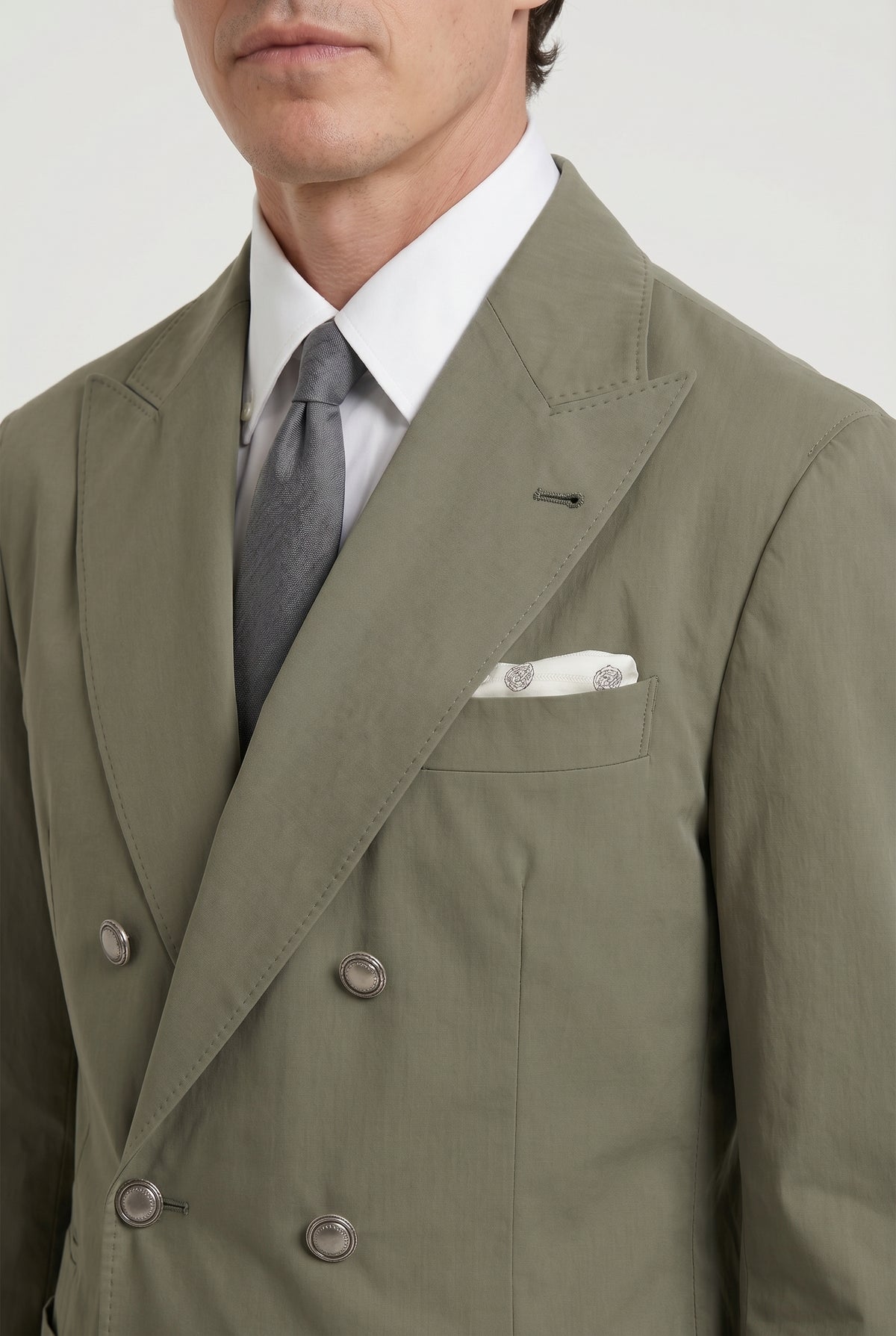 BRUNELLO CUCINELLI MEN'S OLIVE COTTON DOUBLE BREASTED BLAZER