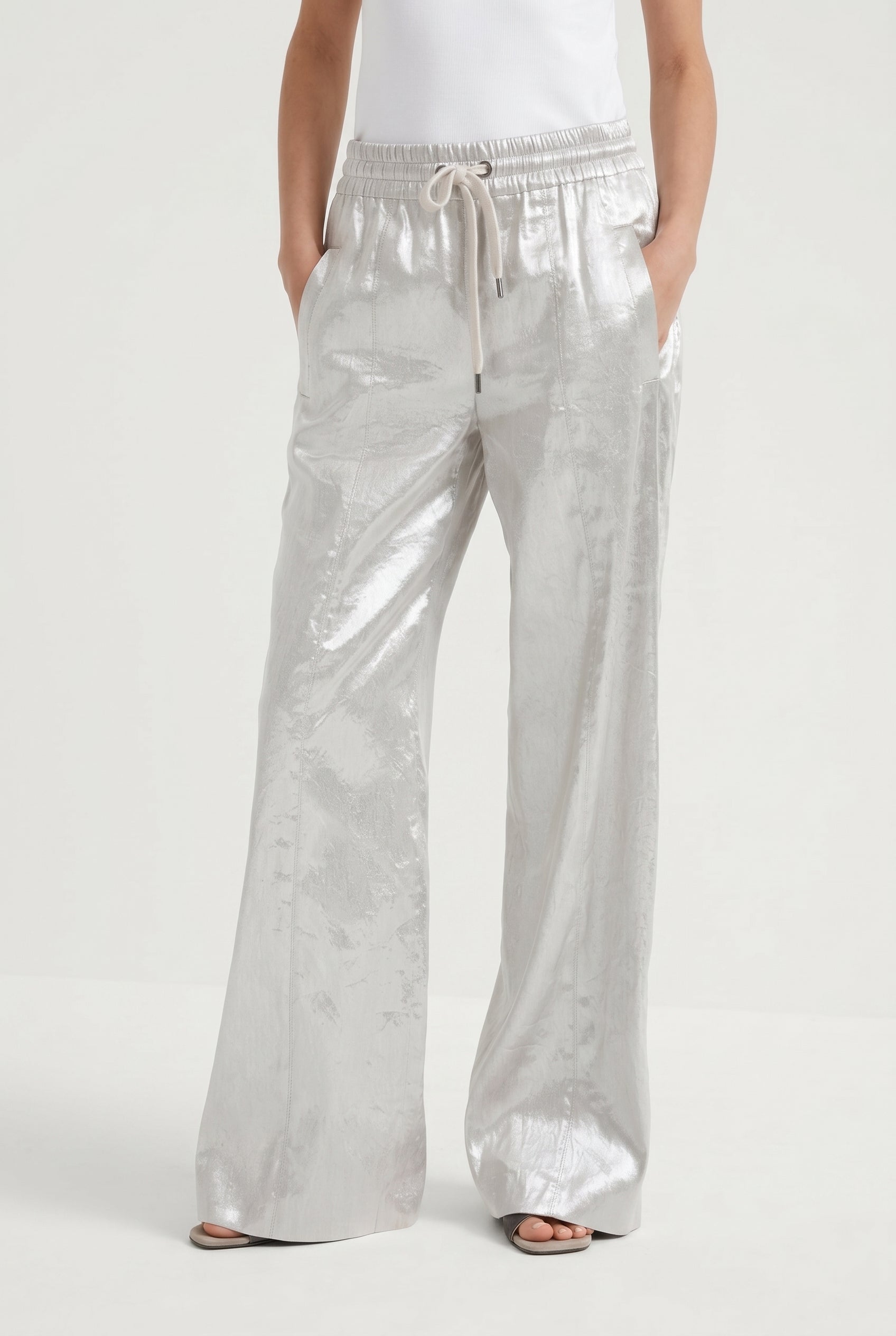 BRUNELLO CUCINELLI WOMEN'S SILVER LINEN WIDE LEG TROUSERS