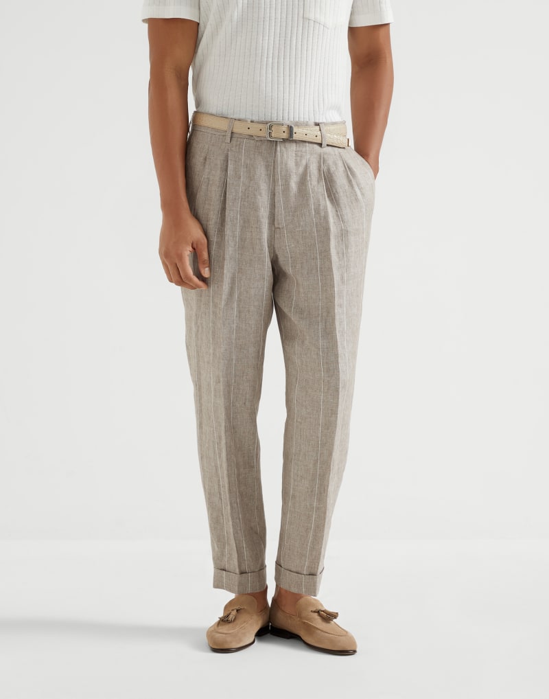 BRUNELLO CUCINELLI MEN'S BEIGE LINEN PLEATED TROUSERS