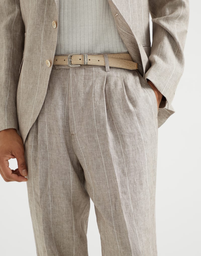 BRUNELLO CUCINELLI MEN'S BEIGE LINEN PLEATED TROUSERS