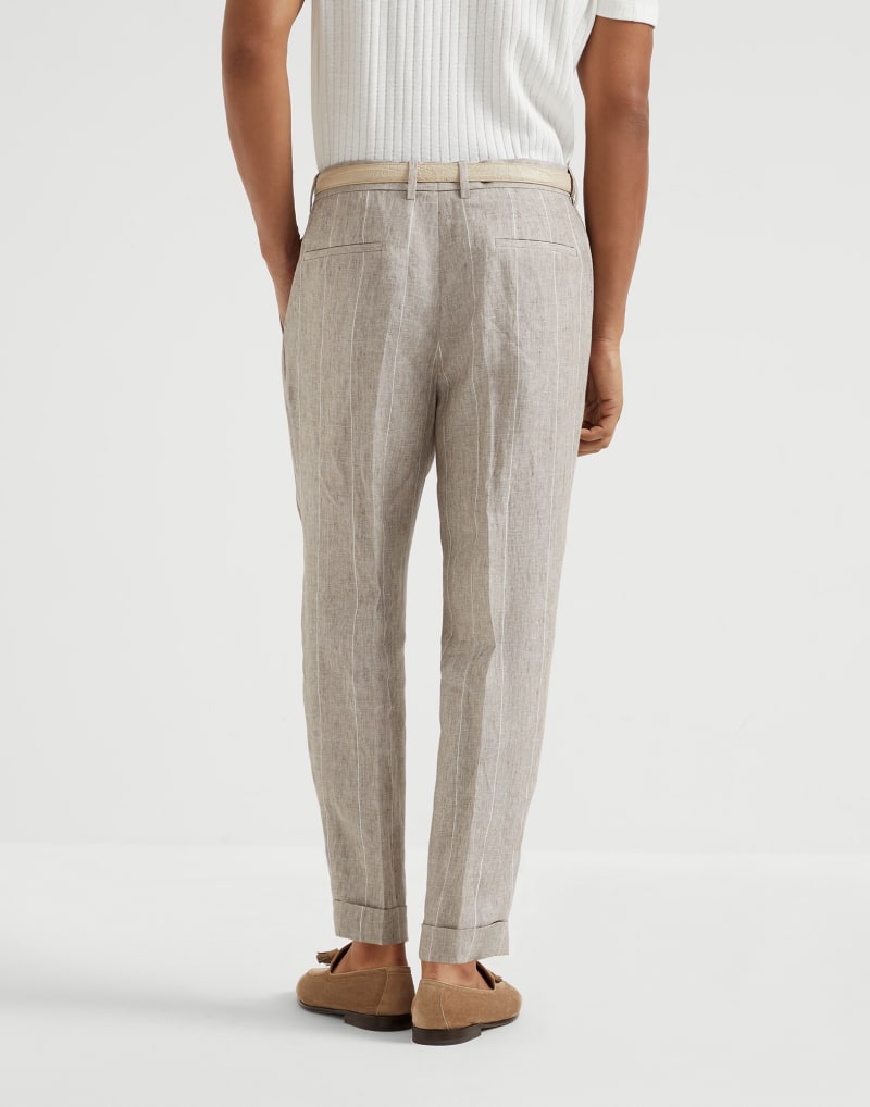 BRUNELLO CUCINELLI MEN'S BEIGE LINEN PLEATED TROUSERS