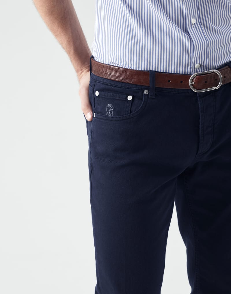 BRUNELLO CUCINELLI MEN'S DARK BLUE COTTON SLIM TROUSERS